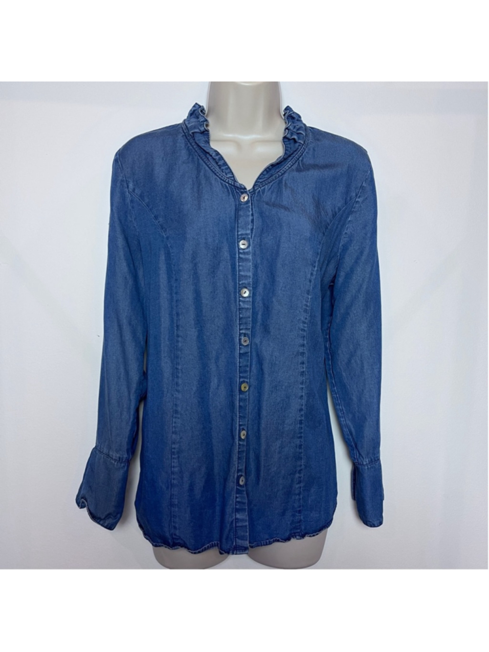 Soft Surrounding Blue Button Down Denim Button-Up Shirt with Ruffle Neck PM